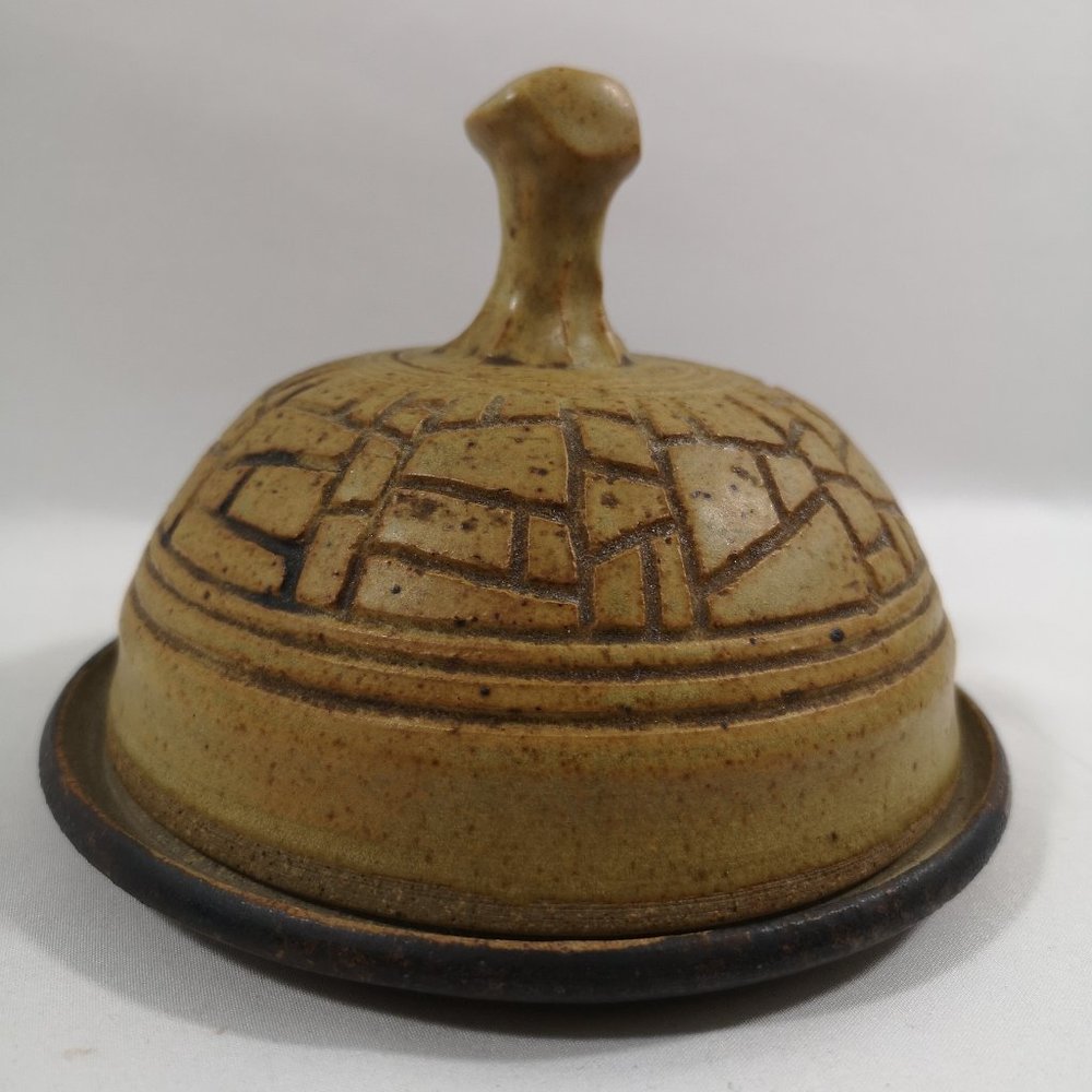 Vintage Hand-made Pottery Covered Butter or Cheese Dish, Earth-tones & Etched